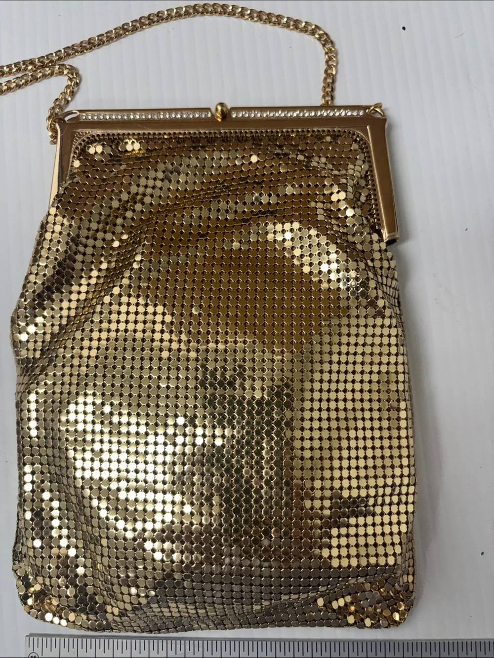 Whiting & Davis Gold Mesh Evening Wristlet with Chain